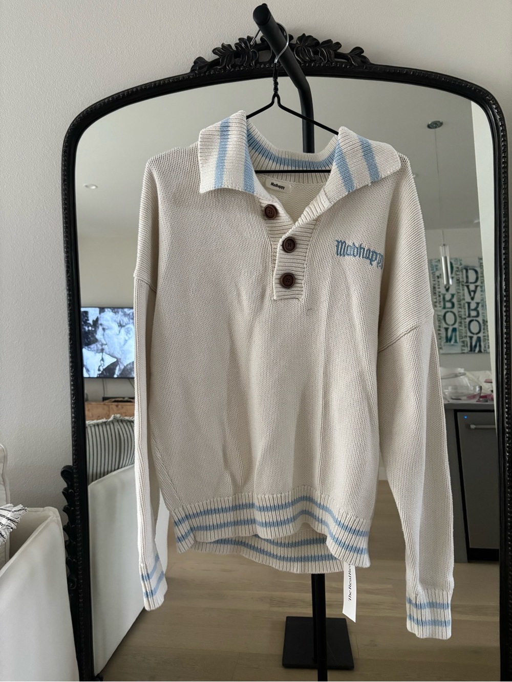 Madhappy Cream Crewneck Polo Sweater with Light Blue Trim